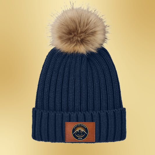 1060 - Faux Fur Pom Beanie with Leather Patch
