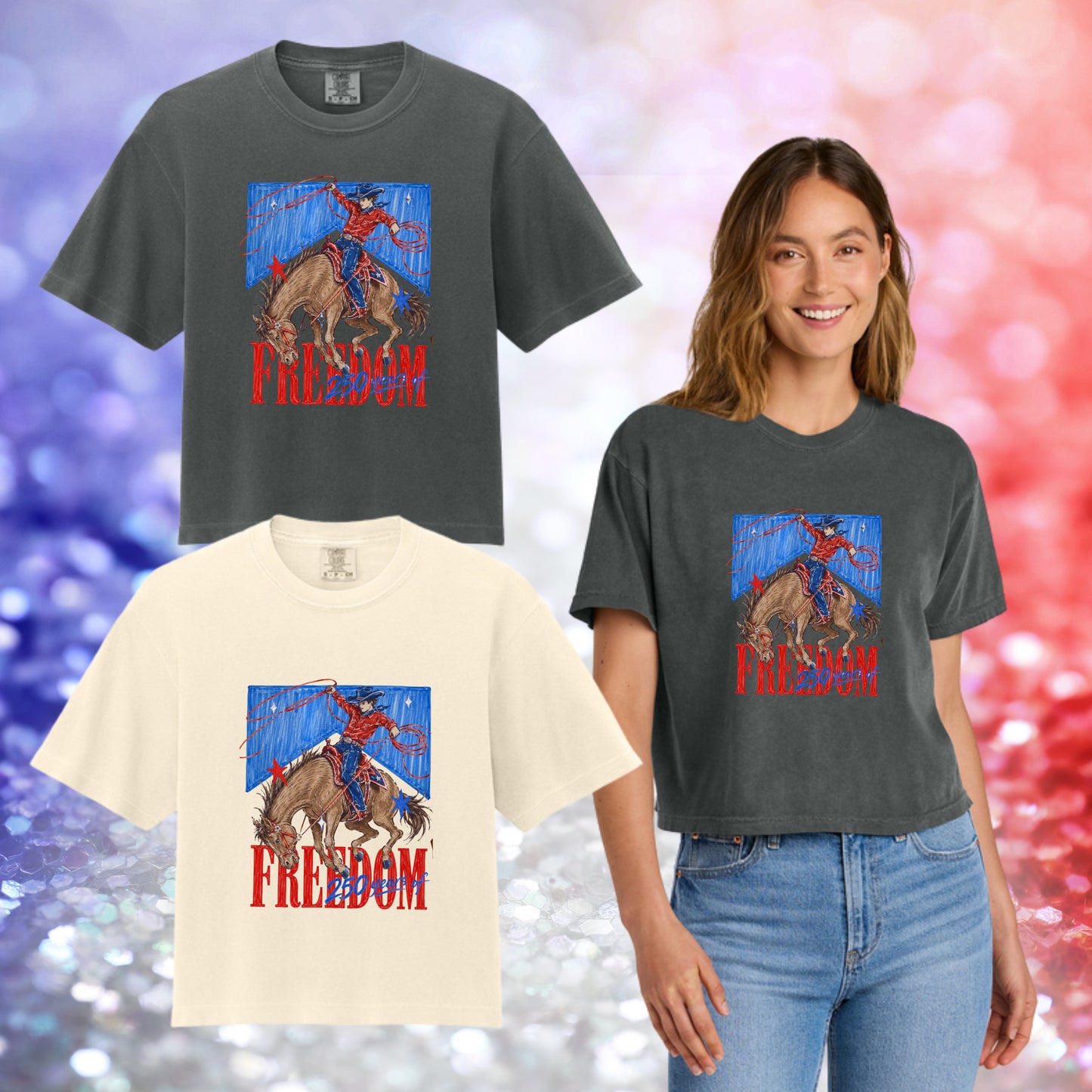 1075- Freedom Riding 4th of July Boxy Cropped Top & T-shirt