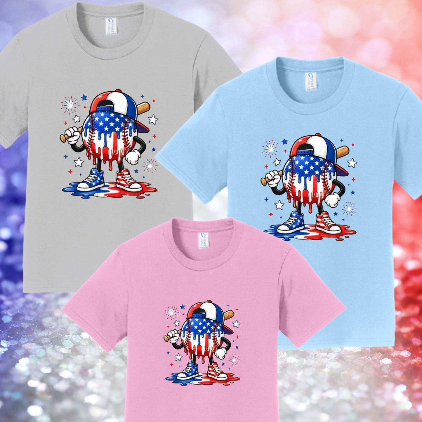 1081 - 4th of July Youth Baseball Drip T-shirt